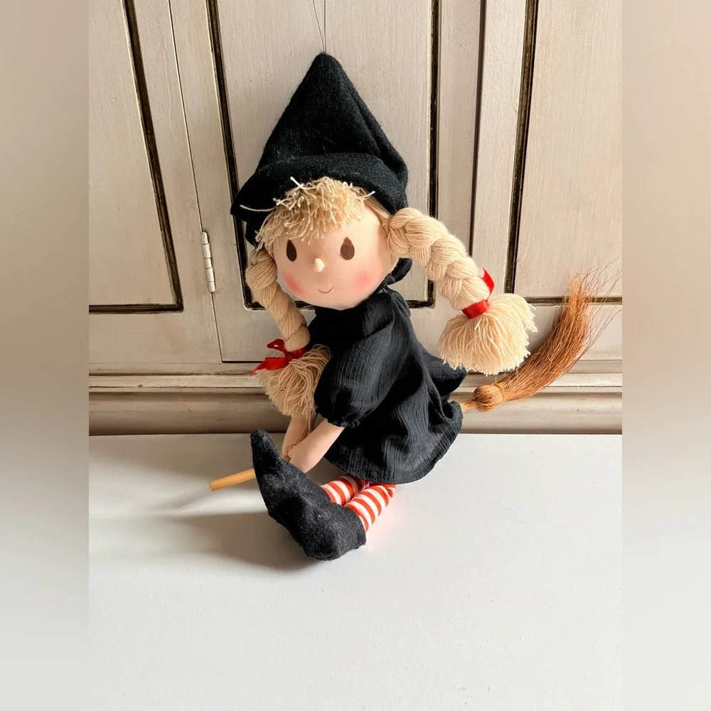 Vintage Applause 1984 Halloween Hanging Girl Witch with broom yarn, cloth, fiber